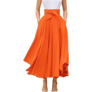 Women Orange Elegant High Waist Side Slit Irregular Bohemian Pockets Maxi Skirt